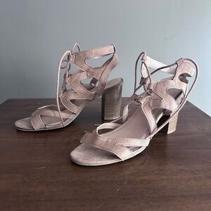 Cupid Suede Lace Up Block Heels Size 8.5 Beige Sandals